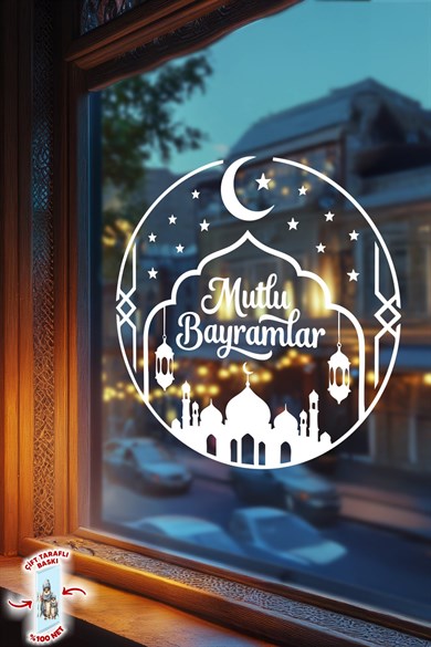 Mutlu Bayramlar Cami Temalı Cam Sticker Çift Taraflı Beyaz Baskı 55x55 cm Cam Sticker Özel Baskı