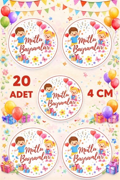 Mutlu Bayramlar Sticker Etiket 4 cm 20 Adet – Bayram Şekerleme ve Hediye Paketlerine Etiket