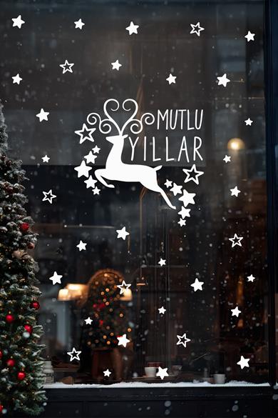 Mutlu Yıllar Geyik Cam & Duvar Sticker Seti –  78 Parça  Yılbaşı Vitrin ve Ev Dekoru