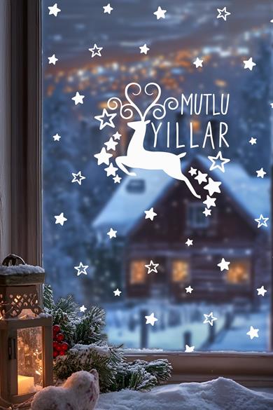 Mutlu Yıllar Geyik Cam & Duvar Sticker Seti –  78 Parça  Yılbaşı Vitrin ve Ev Dekoru