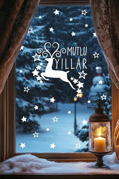 Mutlu Yıllar Geyik Cam & Duvar Sticker Seti –  78 Parça  Yılbaşı Vitrin ve Ev Dekoru