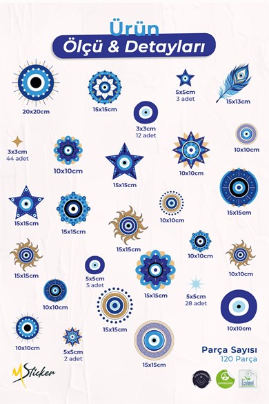 Nazar Boncuğu Cam Sticker Seti 120 Parça | Çift Taraflı UV Baskılı Dekoratif Pencere ve Cam Süsü