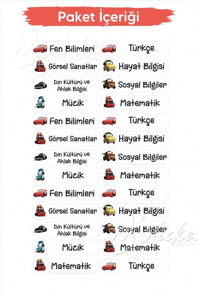 Okul Ders Etiketi Cars Temalı 26 adet 8 cm Okul Ders Etiketi