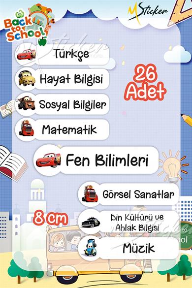 Okul Ders Etiketi Cars Temalı 26 adet 8 cm Okul Ders Etiketi