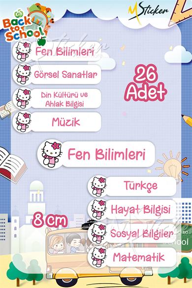 Okul Ders Etiketi Hello Kitty Temalı 26 adet 8 cm Okul Ders Etiketi