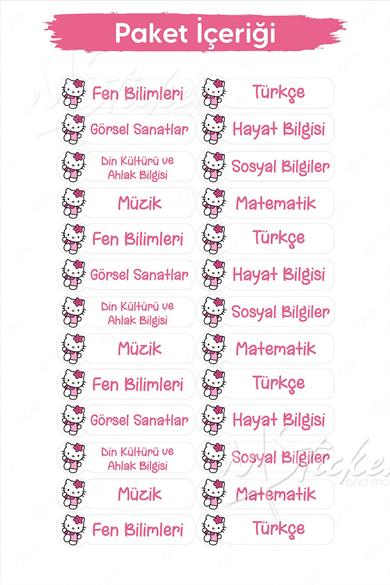 Okul Ders Etiketi Hello Kitty Temalı 26 adet 8 cm Okul Ders Etiketi