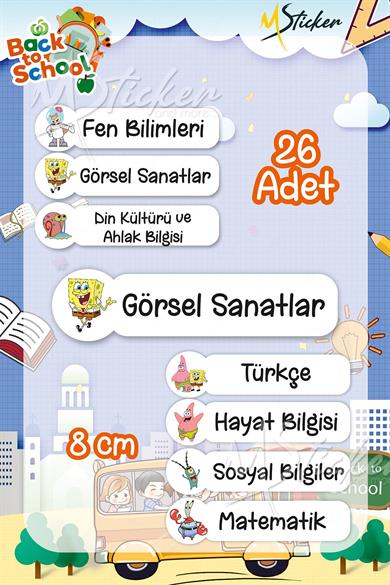 Okul Ders Etiketi SüngerBob Temalı 26 adet 8 cm Okul Ders Etiketi