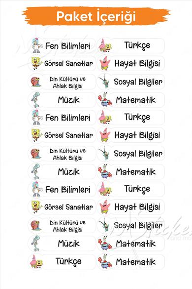 Okul Ders Etiketi SüngerBob Temalı 26 adet 8 cm Okul Ders Etiketi