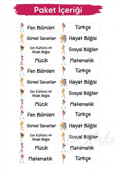 Okul Ders Etiketi Winx Temalı 26 adet 8 cm Okul Ders Etiketi