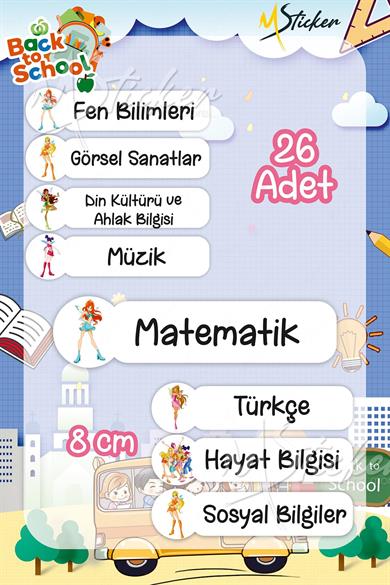 Okul Ders Etiketi Winx Temalı 26 adet 8 cm Okul Ders Etiketi