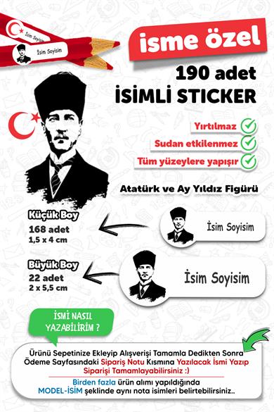 Okul Etiketi Kalem Defter Etiketi Atatürk ve Bayrak Temalı Özel Isim Yazılabilen Etiket - 190 Adet
