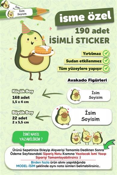 Okul Etiketi Kalem Defter Etiketi Avakado Temalı Özel Isim Yazılabilen Etiket - 190 Adet