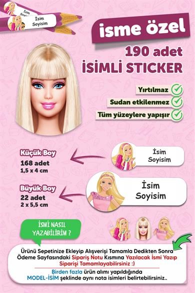 Okul Etiketi Kalem Defter Etiketi Barbie Özel Isim Yazılabilen Etiket - 190 Adet