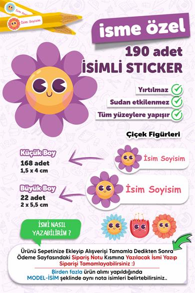 Okul Etiketi Kalem Defter Etiketi Çiçekler Temalı Özel Isim Yazılabilen Etiket - 190 Adet