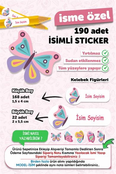 Okul Etiketi Kalem Defter Etiketi Kelebek Temalı Özel Isim Yazılabilen Etiket - 190 Adet