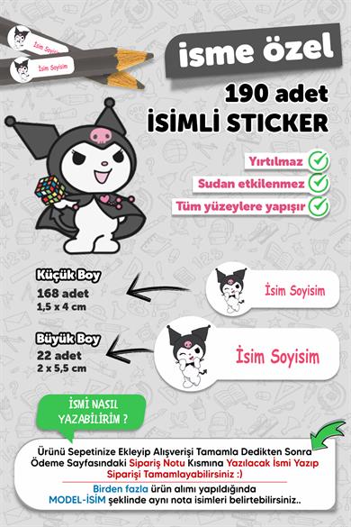 Okul Etiketi Kalem Defter Etiketi Kuromi Temalı Özel Isim Yazılabilen Etiket - 190 Adet