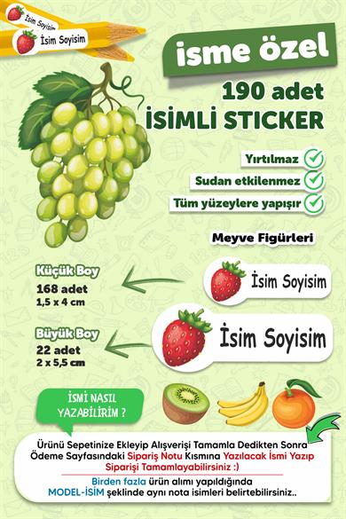 Okul Etiketi Kalem Defter Etiketi Meyveler Özel Isim Yazılabilen Etiket - 190 Adet