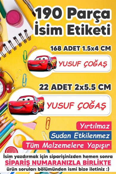 Okul Etiketi Kalem Defter Etiketi Özel Isim Yazılabilen Etiket Cars 190 Adet