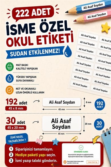 Okul Etiketi Kalem Defter Etiketi Özel Isim Yazılabilen Etiket - 222 Adet Beyaz Tasarım Mat Baskı