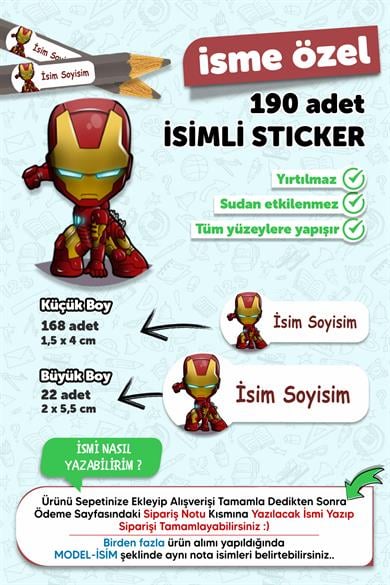 Okul Etiketi Kalem Defter Etiketi Özel Isim Yazılabilen Etiket Iron Man 190 Adet