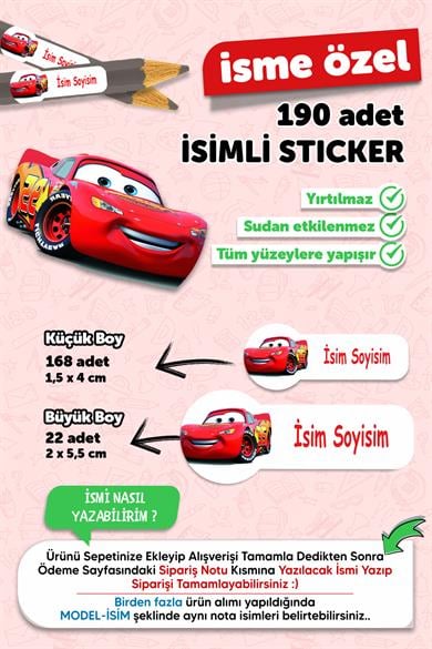 Okul Etiketi Kalem Defter Etiketi Özel Isim Yazılabilen Etiket Cars 190 Adet