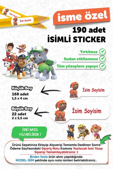 Okul Etiketi Kalem Defter Etiketi Paw Patrol Temalı Isim Yazılabilen Etiket - 190 Adet