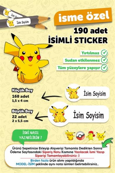 Okul Etiketi Kalem Defter Etiketi Pikachu Temalı Isim Yazılabilen Etiket - 190 Adet