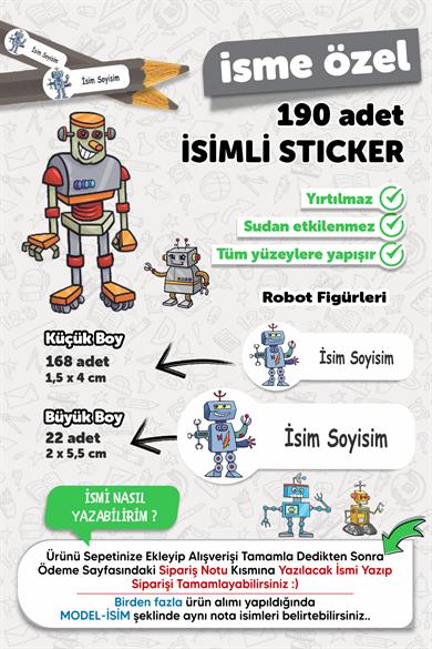 Okul Etiketi Kalem Defter Etiketi Robot Temalı Isim Yazılabilen Etiket - 190 Adet