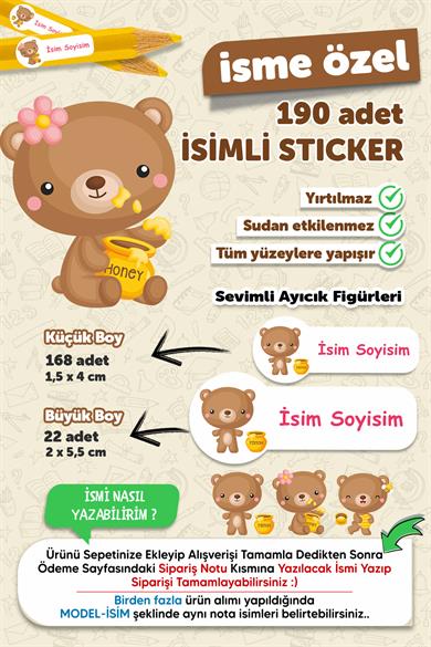 Okul Etiketi Kalem Defter Etiketi Sevimli Ayıcık Temalı Özel Isim Yazılabilen Etiket - 190 Adet