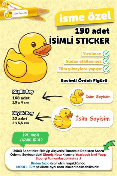 Okul Etiketi Kalem Defter Etiketi Sevimli Ördek Temalı Özel Isim Yazılabilen Etiket - 190 Adet