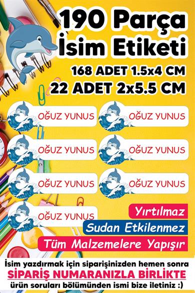 Okul Etiketi Kalem Defter Etiketi Yunus Temalı Özel Isim Yazılabilen Etiket - 190 Adet