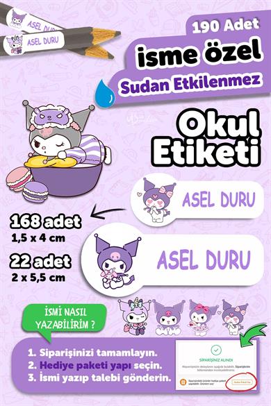 Okul Etiketi Kalem Defter isimli Etiket Isim Yazılabilen Kuromi 2 - 190 Adet Özel Tasarım Etiket