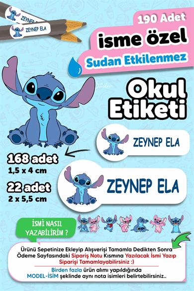 Okul Etiketi Kalem Defter isimli Etiket Isim Yazılabilen Stitch - 190 Adet Özel Yeni Tasarım