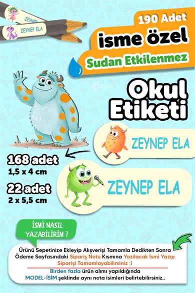 Okul Etiketi Kalem Defter isimli Etiket Isim Yazılabilen Tatlı Canavarlar - 190 Adet Özel Tasarım