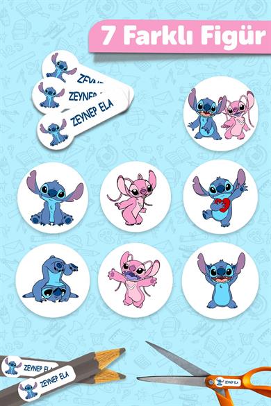 Okul Etiketi Kalem Defter isimli Etiket Isim Yazılabilen Stitch - 190 Adet Özel Yeni Tasarım