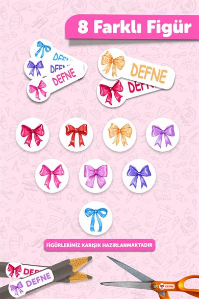 Okul Etiketi Kalem Defter isimli Etiket Isim Yazılabilen Fiyonklu Set - 190 Adet Özel Tasarım Etiket