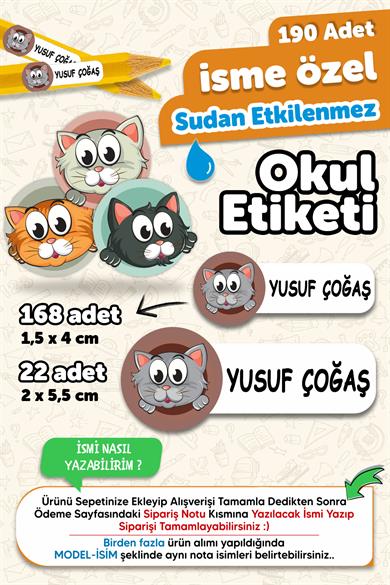 Okul Etiketi Kalem Defter isimli Etiket Isim Yazılabilen Kedi Temalı - 190 Adet Özel Yeni Tasarım