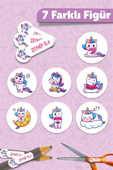 Okul Etiketi Kalem Defter isimli Etiket Isim Yazılabilen Sevimli Unicorn - 190 Adet Özel Yeni Tasarım
