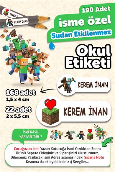 Okul Etiketi Kalem Defter isimli Etiket Isim Yazılabilen Minecraft - 190 Adet Özel Yeni Tasarım