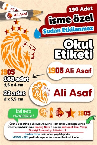 Okul Etiketi Kalem Defter isimli Etiket Isim Yazılabilen Galatasaray - 190 Adet Özel Tasarım Etiket