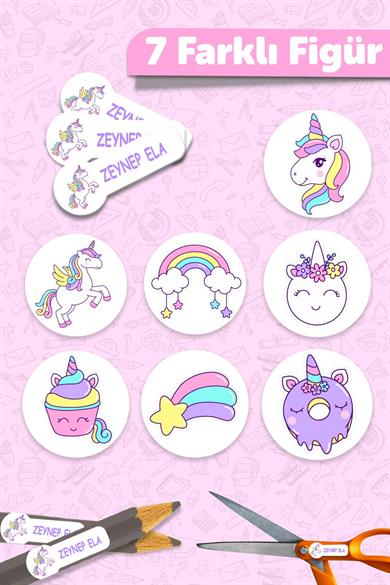 Okul Etiketi Kalem Defter isimli Etiket Isim Yazılabilen Sevimli Unicorn - 190 Adet Özel Yeni Tasarım