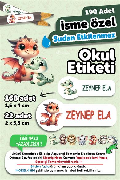 Okul Etiketi Kalem Defter isimli Etiket Isim Yazılabilen Sevimli Hayvanlar - 190 Adet Özel Tasarım