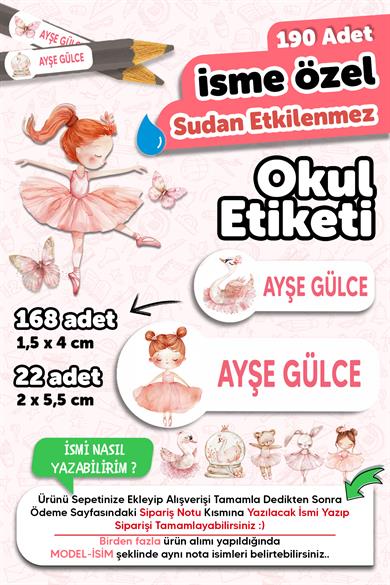 Okul Etiketi Kalem Defter isimli Etiket Isim Yazılabilen Balerin - 190 Adet Özel Tasarım Okul Etiket
