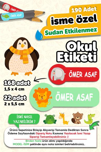 Okul Etiketi Kalem Defter isimli Etiket Isim Yazılabilen Sevimli Hayvanlar - 190 Adet Özel Tasarım