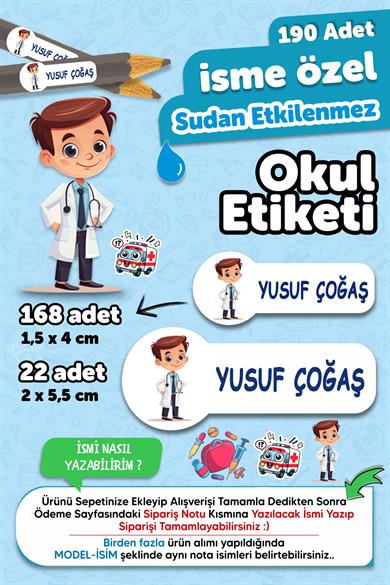 Okul Etiketi Kalem Defter isimli Etiket Isim Yazılabilen Doktor Temalı - 190 Adet Özel Yeni Tasarım