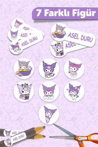 Okul Etiketi Kalem Defter isimli Etiket Isim Yazılabilen Kuromi 2 - 190 Adet Özel Tasarım Etiket