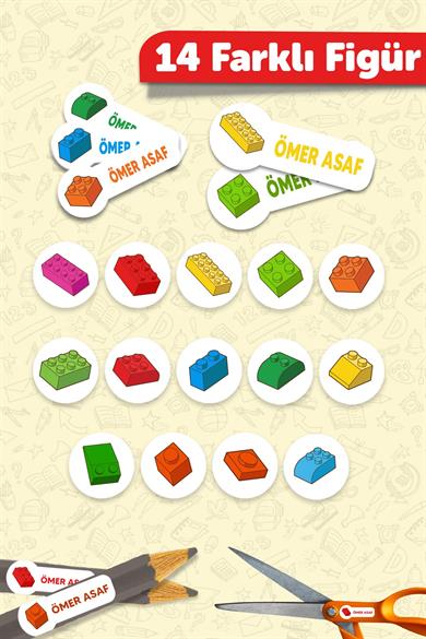 Okul Etiketi Kalem Defter isimli Etiket Isim Yazılabilen Legos - 190 Adet Özel Tasarım Etiket