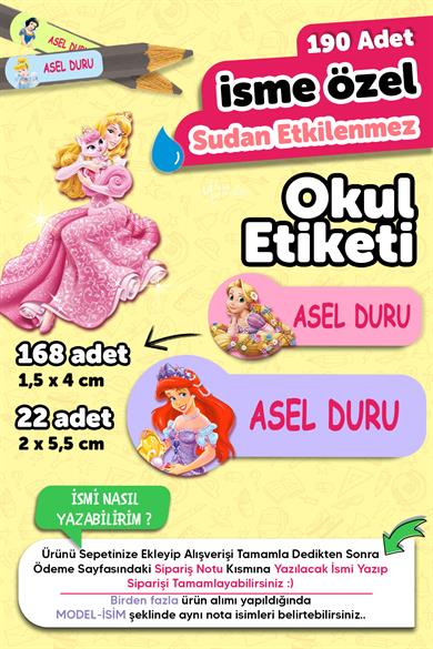 Okul Etiketi Kalem Defter isimli Etiket Isim Yazılabilen Prenses Temalı - 190 Adet Özel Tasarım