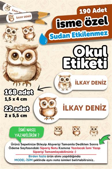 Okul Etiketi Kalem Defter isimli Etiket Isim Yazılabilen Baykuş - 190 Adet Özel Tasarım Etiket