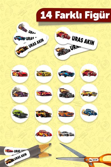 Okul Etiketi Kalem Defter isimli Etiket Isim Yazılabilen Hot Wheels - 190 Adet Özel Tasarım Etiket